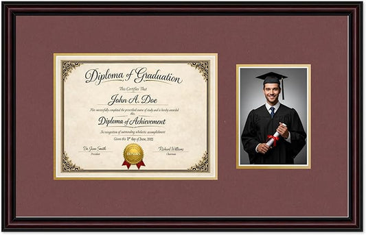 Diploma Frame With Photo Opening Executive Brown Dark Red Over Gold Mat - Fits 11 x 8.5 Degree and Picture Made in the USA