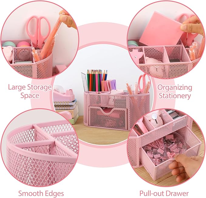 Pink Office Supplies for Desk,14pcs Desk Sets and Accessories, Office Supply Kit with Mesh Desktop Organizer and Stapler,Staple Remover, Staples,Tape Dispenser,Sticky Tabs,Scissors, Ruler