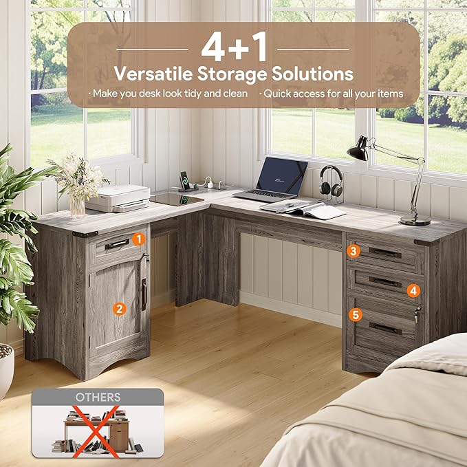 L Shaped Farmhouse Executive Desk with Drawers, 67" Home Office Desks with Fast Charging Station, Lockable File Cabinet, Wood Writing Computer Desk for Work, Study, Grey