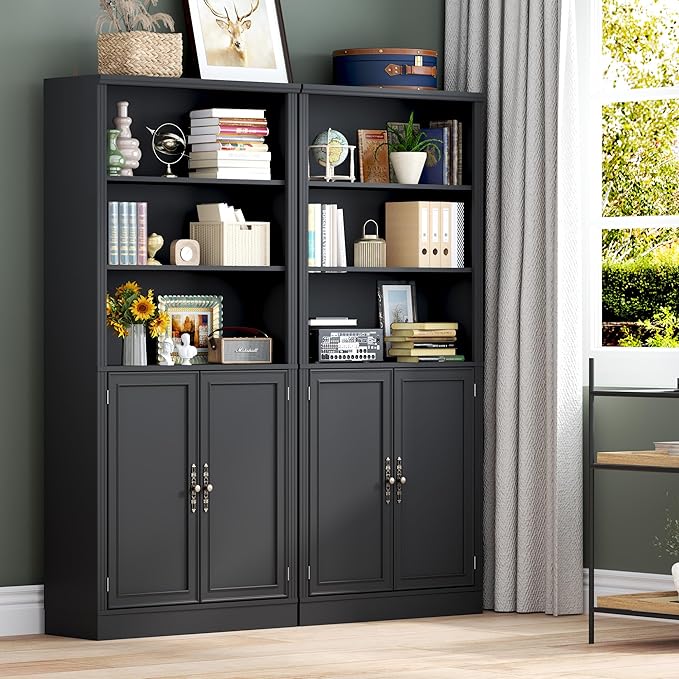 70.1" Tall Bookshelf with Cabinet, 5-Tier Floor Standing Bookcase with Doors & Adjustable Shelves, 31.5" Wide Storage Shelf, Metal Handles, Modern Organizer for Home Office, Living Room