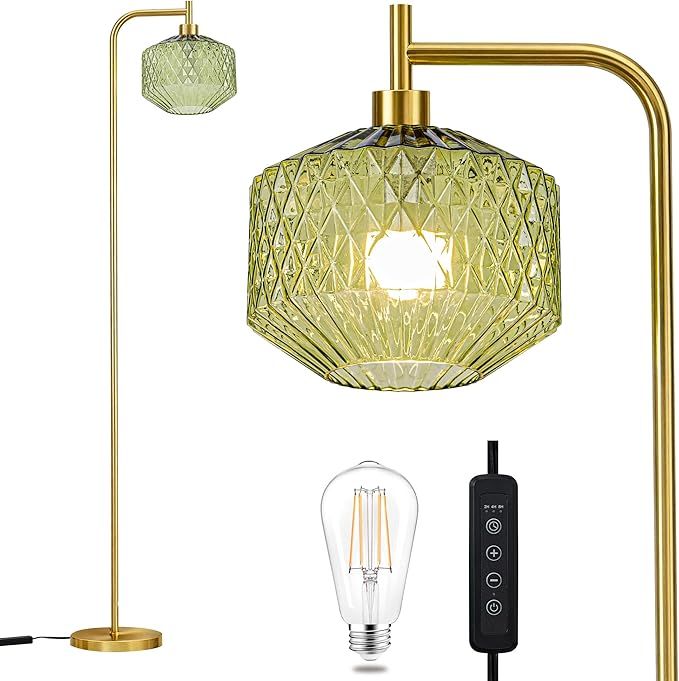 MAYNA Mid Century Modern Floor Lamp, Emerald Green Ribbed Glass Standing Lamp with Built-in Timer Switch, Gold Tall Vintage Lamps for Living Room Bedroom, 2700K LED Bulb Included