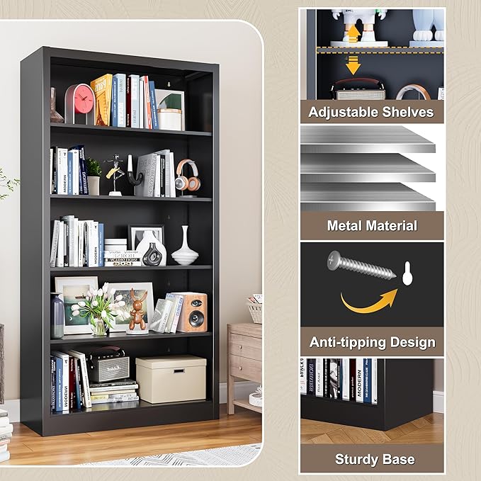 Bookcase, 5 Shelf Bookcases for Books, Garage Kit, CDs, Toys, Bookshelves and Bookcases for Home Office Library Living Room, Metal Book Case with Adjustable Shelves