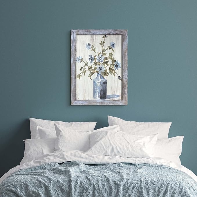 Floral Wall Art Painting - Blue and White Flower Canvas Picture for Bathroom and Bedroom Decor 24"x18"