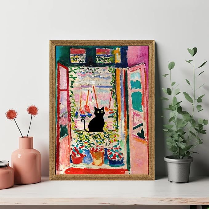 Fantasy Artists Henri Matisse Cat Wall Art, Framed Open Window Black Cat Canvas Poster Prints, Abstract Aesthetic Wall Decors for Living Room, Oil Paintings for Room Bathroom Decorations 12" X 16"