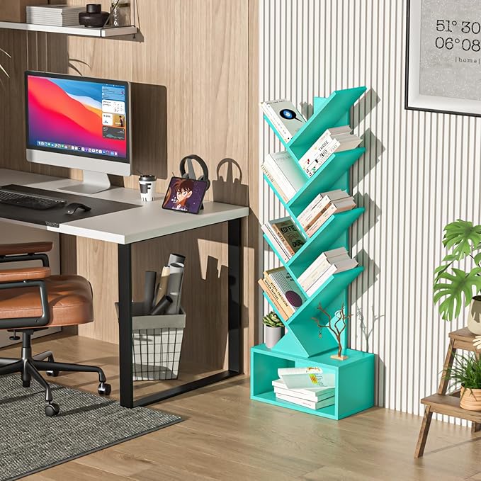 9 Tier Tree Bookshelf,Christmas Green Bookcase for Narrow Space, Storage Organizer Floor Standing Bookshelves for Books, Tall Book Case for Home Office, Living Room, Bedroom