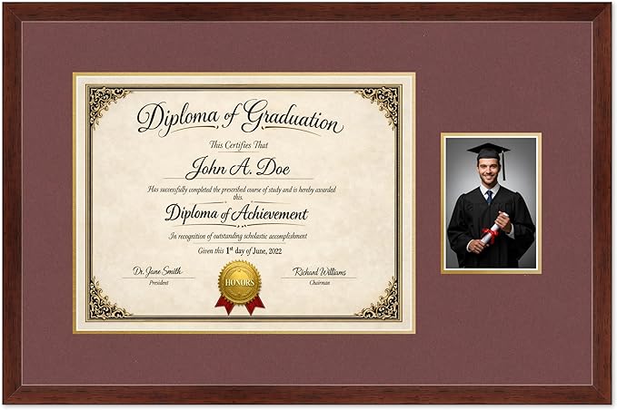 Diploma Frame With Photo Opening Rustic Walnut Dark Red Over Gold Mat - Fits 17 x 13 Degree and Picture Made in the USA