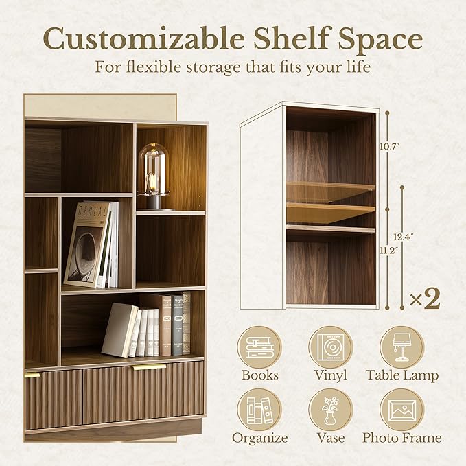 Bookshelf and Bookcase with 3 Drawers, 4-Tier Fluted Wide Bookshelf with Storage, Floor Standing Display Storage Shelves, Wooden Book Shelf for Home Office, Living Room, Black Walnut