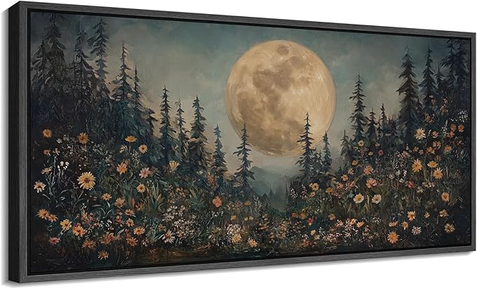 SIGNFORD Extra Large Framed Canvas Moonlit Forest with Wildflowers Mystical Illustrations Modern Art Calm Warm for Living Room, Bedroom, Office - 60"x30"