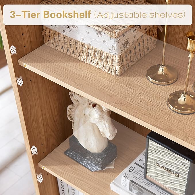 71" Tall Bookshelf, 5 Tier Bookcase with Adjustable Shelves and Barn Doors,Natural Wood Farmhouse Bookshelf with Storage Cabinet,Wood Freestanding Display Bookshelves for Bedroom,Living Room