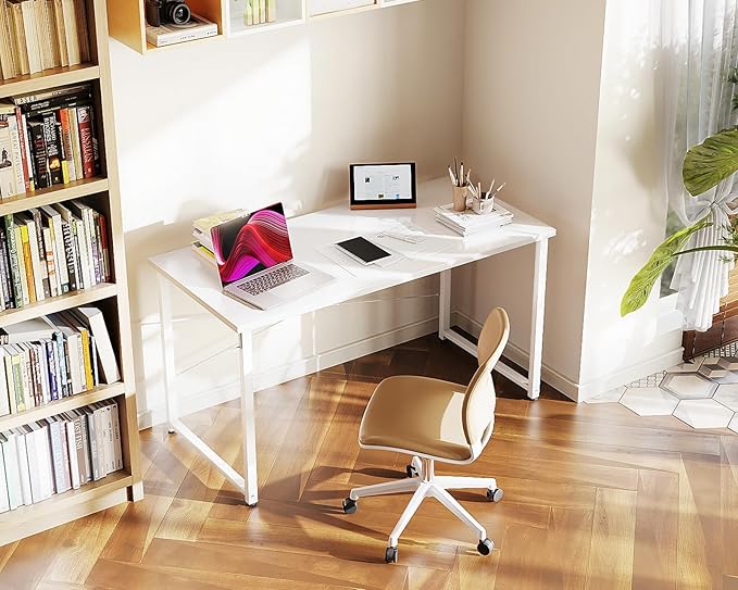 Casaottima 48 Inch Small Computer Desk for Home Office, Study Writing Table for Small Spaces, Simple Modern Desk with Headphone Hooks, White