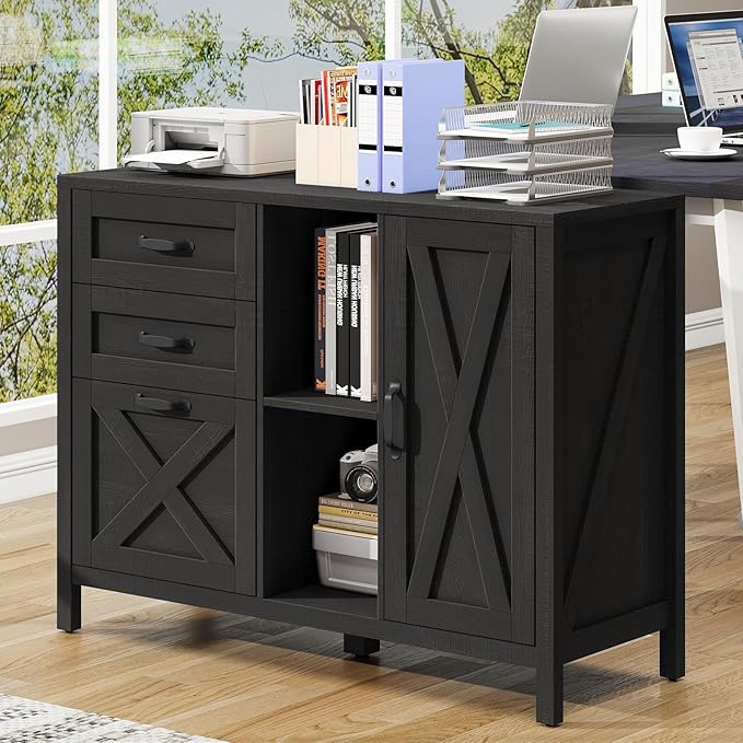 Vabches Lateral File Cabinet, Farmhouse 3 Drawer File Cabinet with Open Storage Shelf for Letter/Legal/A4 Size Hanging Files, Large Wood Storage Cabinets Printer Stand for Home Office, Black