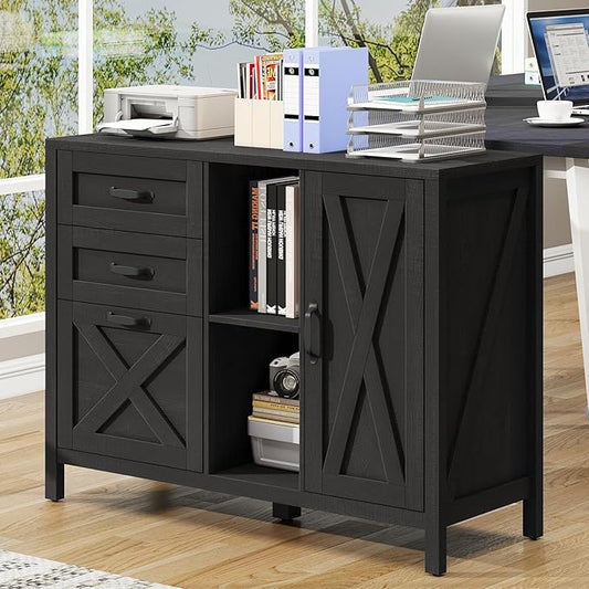 Farmhouse Lateral Filing Cabinet, Lateral File Cabinet with 3 Drawers and Cabinet, Large Printer Stand with File Drawer for Letter/A4 Size Hanging Files for Home Office, Rustic Black