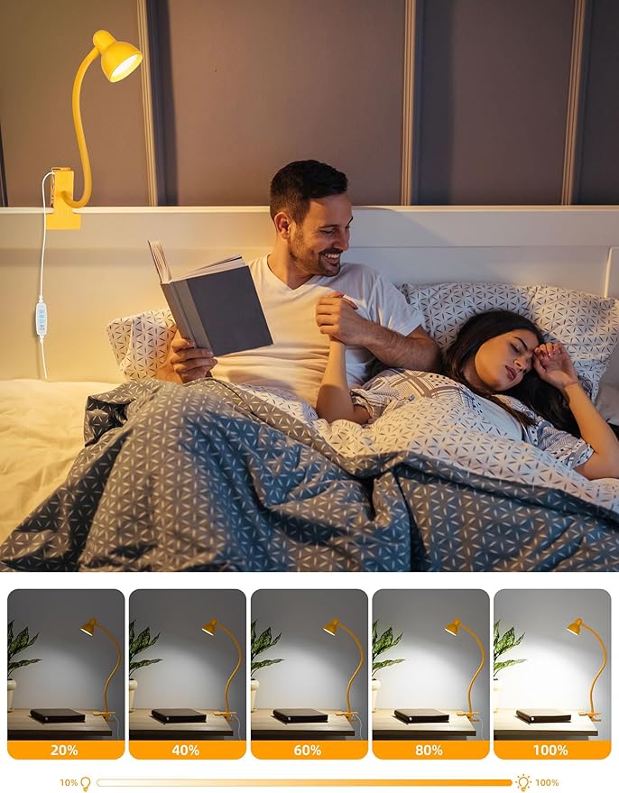 Clip on Reading Light for Bed 3 Color Modes, 10 Brightness Dimmable, Flexible Gooseneck Clip on Lamp, Eye Care Clip Light for Bed Headboard Desk Home Dorm, Yellow