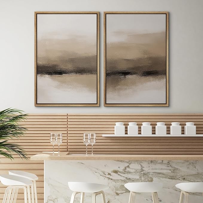 SIGNWIN Framed Canvas Print Wall Art Set Beige and Black Neutral Abstract Landscape Minimalist Illustrations Modern Art Decorative Multicolor for Living Room, Bedroom, Office - 24"x36"x2 Natural