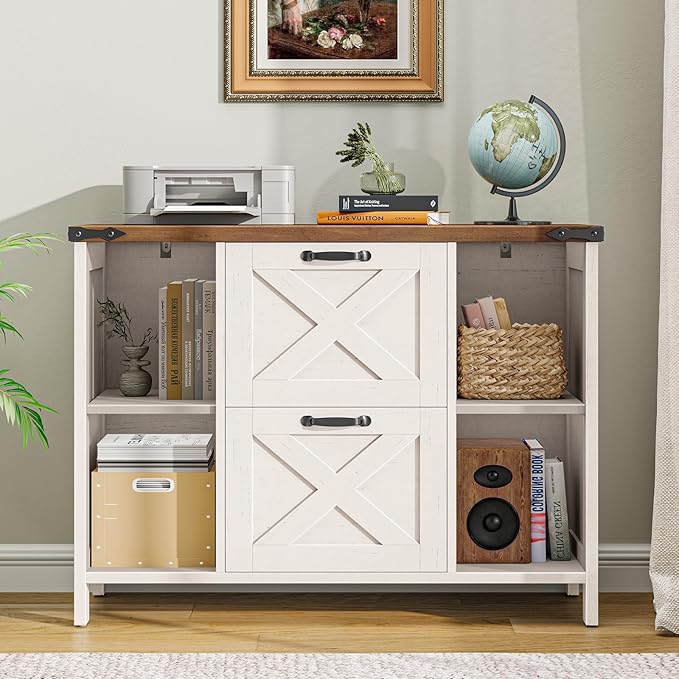 2 Drawer File Cabinet, Farmhouse Lateral Filing Cabinet Fits File Letter or A4 Size, Wooden Printer Stand with Open Storage Adjustable Shelf for Home Office, Rustic White