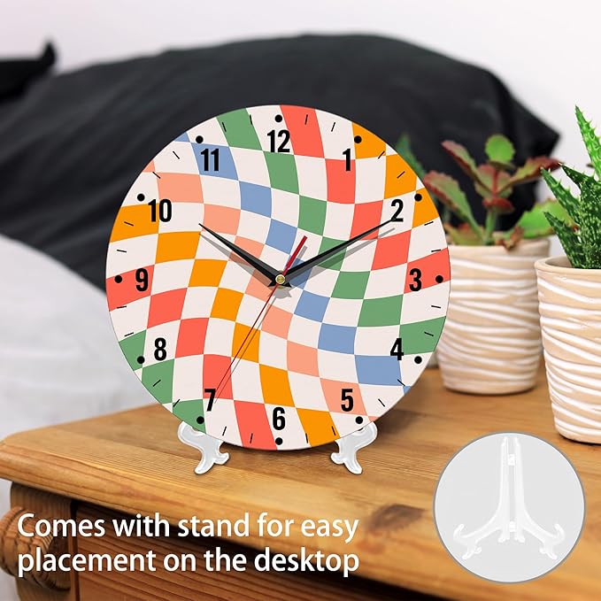 SPUNKER Clock for Bedroom,Colorful Checkered Wall Clock Battery Operated 10 Inch,Retro Wavy Round Clock Silent Non-Ticking Wall Decor for Farmhouse Office Home School Living Room Bedroom