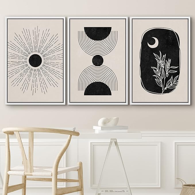 IDEA4WALL Framed Canvas Print Wall Art Set Geometric Shining Sun Crescent Moon Tree Polygons Abstract Shapes Illustrations Modern Art Nordic for Living Room, Bedroom, Office - 24"x36"x3 White