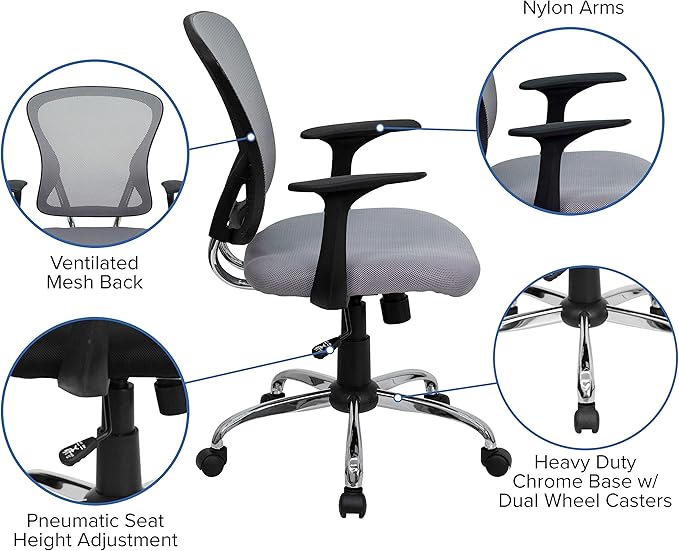 Flash Furniture Alfred Mid-Back Gray Mesh Swivel Task Office Chair with Chrome Base and Arms
