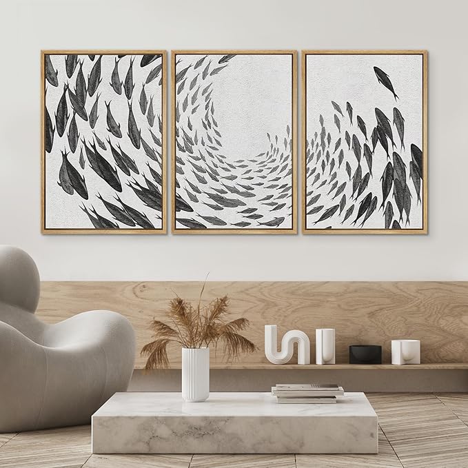 SIGNWIN Framed Canvas Print Wall Art Swirling School of Fish Abstract Shapes Illustrations Modern Art Minimalist Relax/Calm Black and White for Living Room, Bedroom, Office - 16"x24"x3 Natural