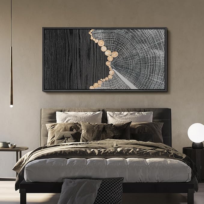 SIGNFORD Extra Large Framed Canvas Black Wood and Tree Ring Abstract Illustrations Modern Art Calm for Living Room, Bedroom, Office - 60"x30"