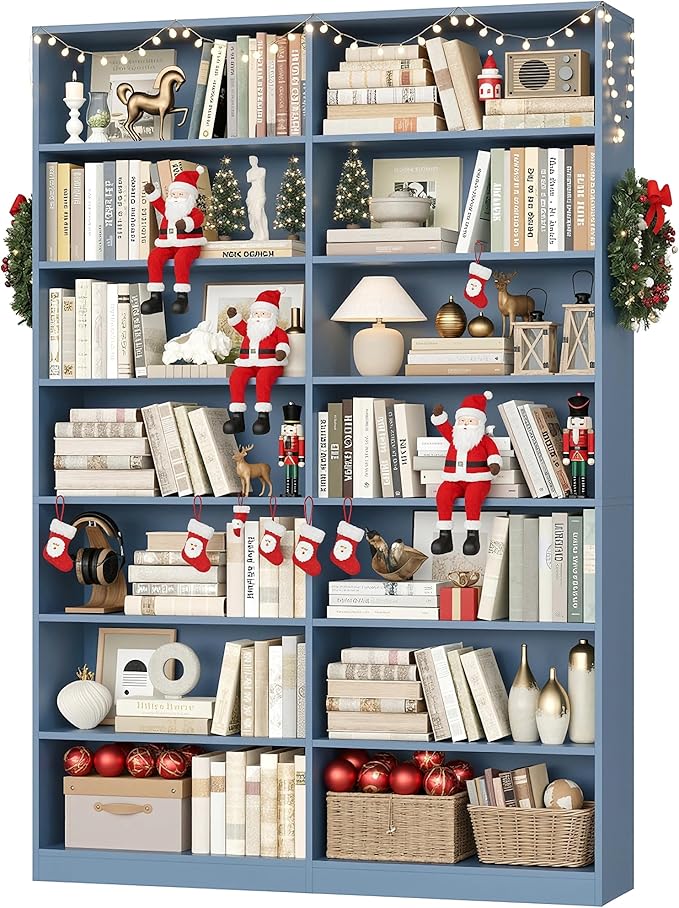 FACBOTALL 83.6" Tall Bookshelf and Bookcase, 7-Tier Extra Large Bookshelf with Double Storage, 14 Open Display Shelves for Home Office, Study and Living Room, Blue