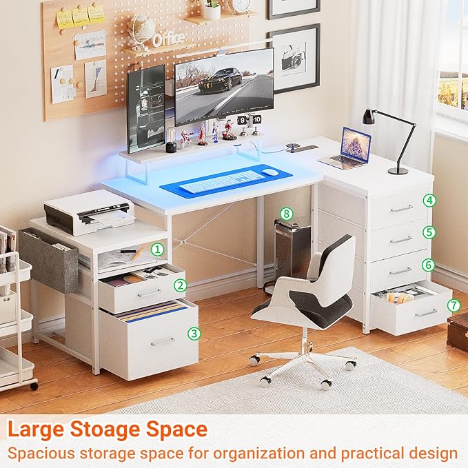 Unikito 70.8" Reversible L Shaped Computer Desk with Fabric File Drawers, Corner Desks with RGB LED Light & Power Outlets & Monitor Stand, Large Gaming Desk for Home Office Workstation, White
