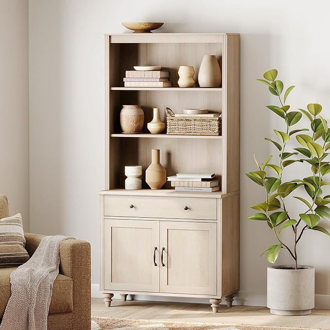 WAMPAT 5 Tier Bookshelf 72" Tall Bookcase with Doors & Drawer,Large Farmhouse Display Book Shelf with Storage Cabinet，Library Wood Bookshelves for Living Room,Kitchen, Light Oak
