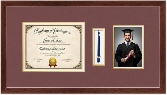 Diploma Tassel and Photo Frame Rustic Walnut Shadowbox Dark Red Over Gold Mat - Fits 10 x 8 Degree Picture Made in the USA
