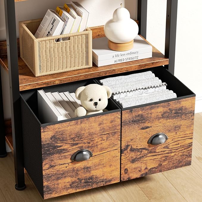 Furologee 5-Tier Bookshelf Set of 2,Tall Bookcase with 2 Drawers and Shelves, Industrial Display Free Standing Shelf Units, Storage Rack Organizer for Bedroom, Living Room, Home Office, Rustic Brown