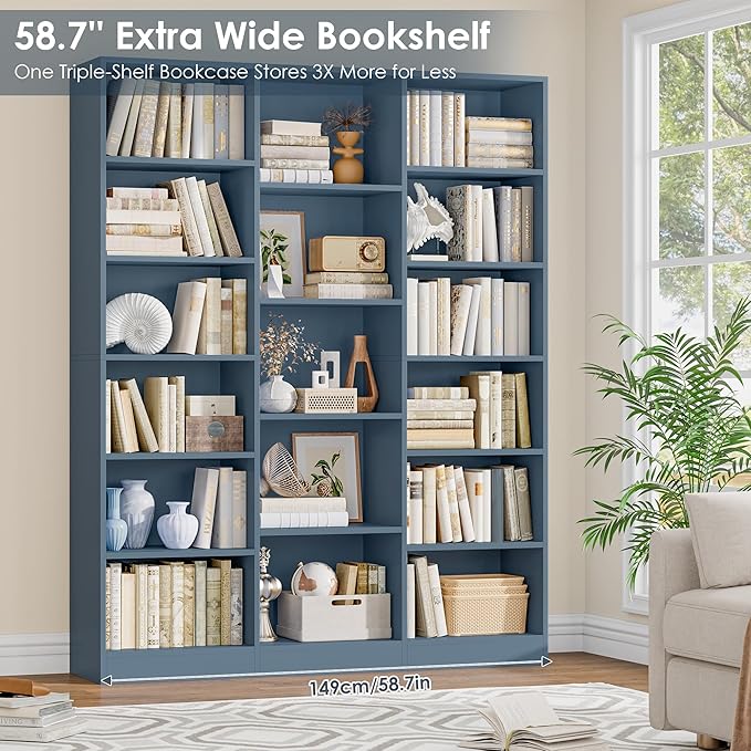 FACBOTALL Triple Wide Bookshelf, 6 Tier Large Bookshelf, Bookcase with 17 Open Display Shelves, 74'' Tall Bookcases and Bookshelves for Living Room, Home Office, Library, Blue