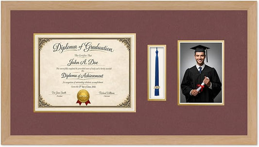 Diploma Tassel and Photo Frame Natural Wood Shadowbox Dark Red Over Gold Mat - Fits 11 x 8.5 Degree Picture Made in the USA
