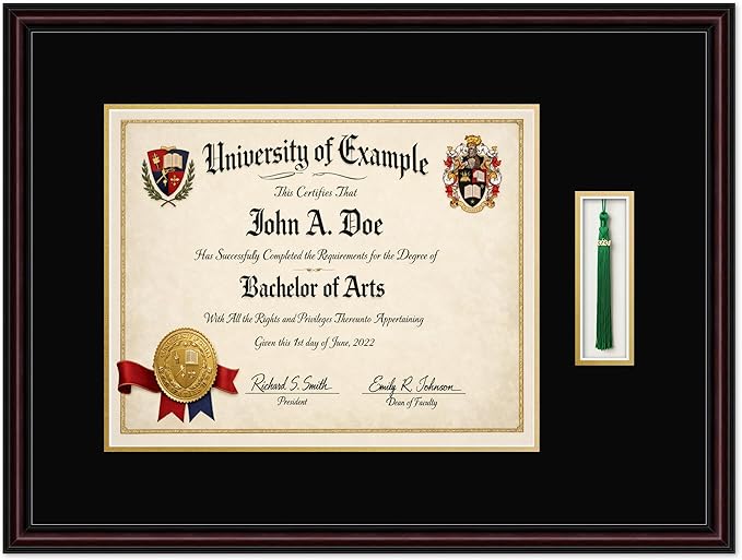 CountryArtHouse Diploma and Tassel Frame Fits 15 x 12 Military/Government with Tassel Hook Executive Brown Genuine Hardwood Shadowbox with Black Over Metallic Gold Double mat