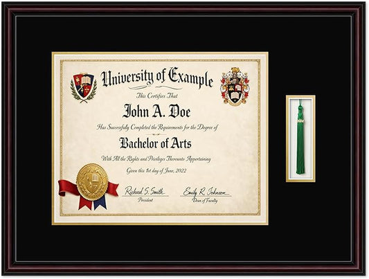 CountryArtHouse Diploma and Tassel Frame Fits 15 x 12 Military/Government with Tassel Hook Executive Brown Genuine Hardwood Shadowbox with Black Over Metallic Gold Double mat