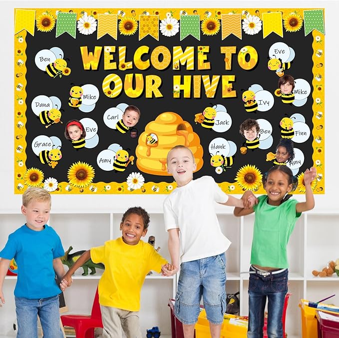 gisgfim Spring Bee Bulletin Board Decorations Set Bee Sunflower Paper Name Tags Paper Cutouts Welcome to Our Hive Classroom Bulletin Board Decor for Summer Back to School Home Chalkboard Wall