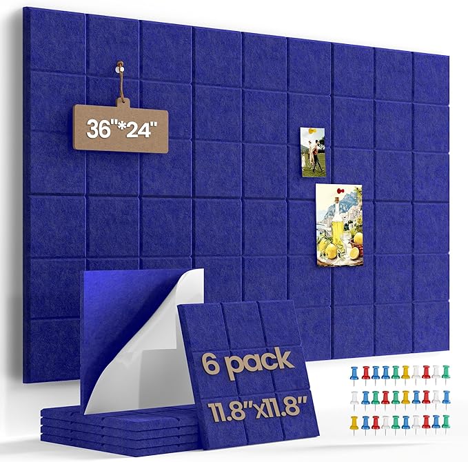 Large Felt Board Tiles for Wall with 30 Push Pins, 11.8"x11.8" Pack of 6 Pin Board Notice Boards for Home Office Kitchen, Bulletin Board Wall Tiles for Photos Memos (Dark Blue, 6 Pack)