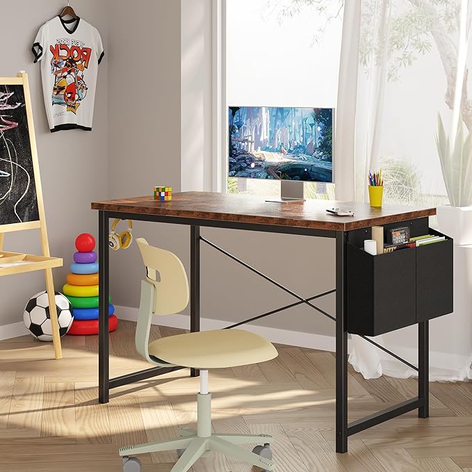 OLIXIS Computer Desk 44 Inch Home Office Desks for Small Spaces, Gaming Writing Study Work Table with Storage Bag and Headphone Hook for Bedroom, Rustic Brown