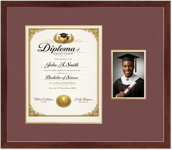 CountryArtHouse Fits 11 x 14 College Diploma (Portrait) and 5 x 7 Photo Diploma and Photo Frame Rustic Walnut Genuine Hardwood with Dark Red Over Metallic Gold Double mat