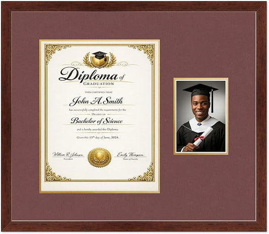 CountryArtHouse Fits 11 x 14 College Diploma (Portrait) and 5 x 7 Photo Diploma and Photo Frame Rustic Walnut Genuine Hardwood with Dark Red Over Metallic Gold Double mat