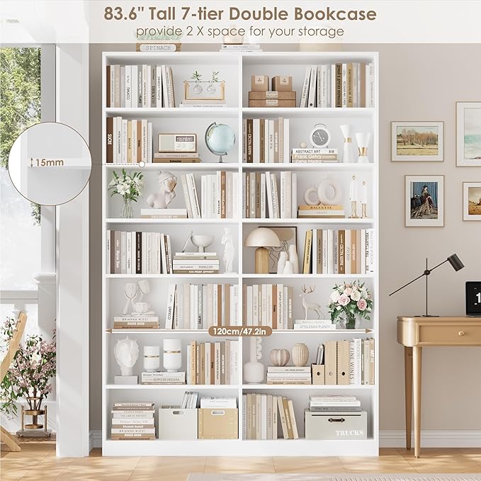 FACBOTALL 83.6" Tall Bookshelf and Bookcase, 7-Tier Extra Large Bookshelf with Double Storage, 14 Open Display Shelves for Home Office, Study and Living Room, White