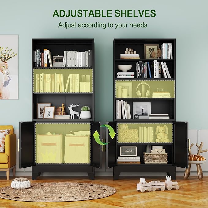 Metal Bookcase with Doors, 71" Tall Bookcase with Storage, Floor Industrial Bookshelves and Bookcases 6 Tier Shelf Dispaly Storage Shelves for Home Office, Living Room, Bedroom, Black