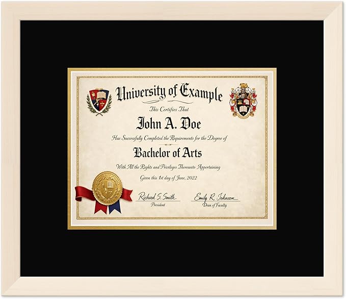 CountryArtHouse Diploma Frame Fits 11 x 8.5 US Letter Certificate - Keepsake Graduation Display Coastal Whitewash Genuine Hardwood with Black Over Metallic Gold Double mat