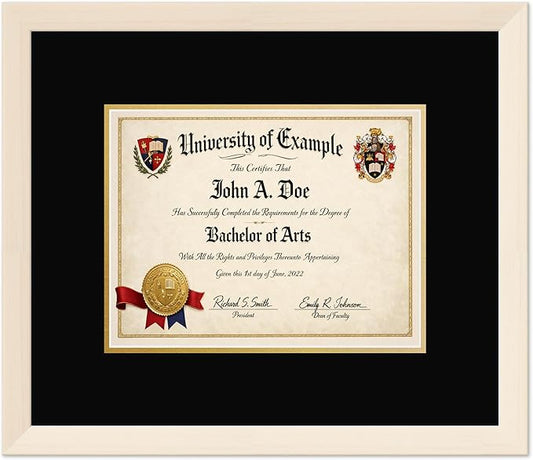 CountryArtHouse Diploma Frame Fits 11 x 8.5 US Letter Certificate - Keepsake Graduation Display Coastal Whitewash Genuine Hardwood with Black Over Metallic Gold Double mat