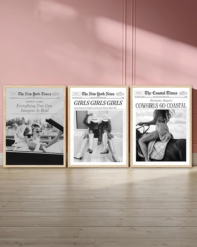 iHery Cowgirls Go Coastal Framed NewsPaper Canvas Wall Art,Natural OAK Wood 12x16in Wall Decor For Bedroom, Trendy Western Horseback Riding Times for Dorm Living Room, Home Décor 1Pack