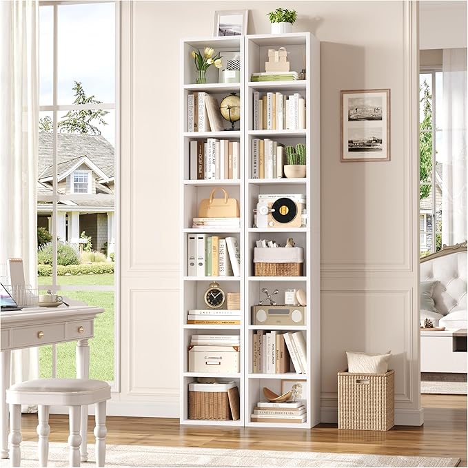 FOTOSOK White Bookshelf 8-Tier Media Tower Rack, 11.6 X 9.3 X 70.9 Inches CD DVD Slim Storage Cabinet with Adjustable Shelves, Tall Narrow Bookcase Display Bookshelf for Home Office, White