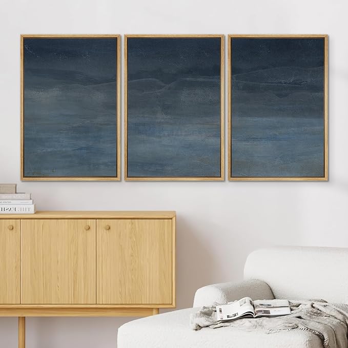 SIGNWIN Framed Canvas Print Wall Art Abstract Blue Landscape Modern Minimalist Navy Blue and Gray Nature Wilderness Modern Art Cool for Living Room, Bedroom, Office - 24"x36"x3 Natural