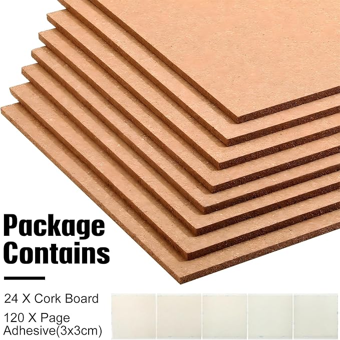 Crtiin 24 Pcs Square Cork Board Tiles 12"x12" 1/4" Thick Bulletin Boards Natural Cork Sheets with Self Adhesive Backing Brown Corkboards for Wall School Office Home DIY Supplies