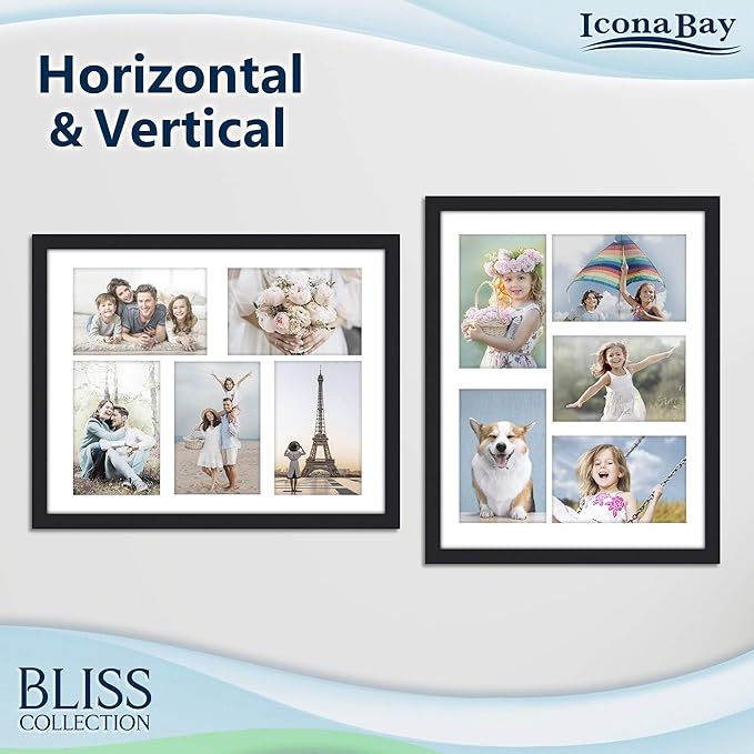 Icona Bay - 11x14 Black Collage Picture Frame with Removable Mat for 5-4x6 Photos - Modern Style Engineered Wood Frame - Wall Mount Only - Bliss Collection
