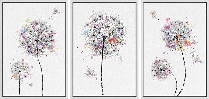 SIGNWIN Framed Canvas Print Wall Art Dandelions & Watercolor Dots Floral Wilderness Drawings Modern Art Rustic Closeup Multicolor Ultra for Living Room, Bedroom, Office - 16"x24"x3 White