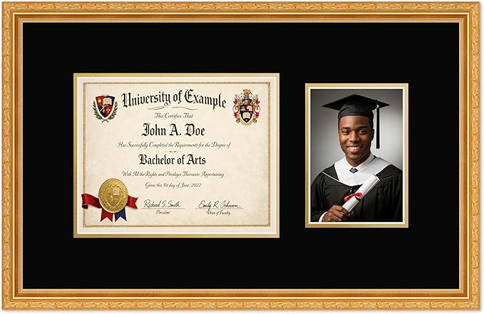 CountryArtHouse Fits 10 x 8 Professional License and 5 x 7 Photo Diploma and Photo Frame Museum Gold Genuine Hardwood with Black Over Metallic Gold Double mat