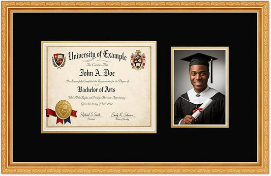 CountryArtHouse Fits 10 x 8 Professional License and 5 x 7 Photo Diploma and Photo Frame Museum Gold Genuine Hardwood with Black Over Metallic Gold Double mat